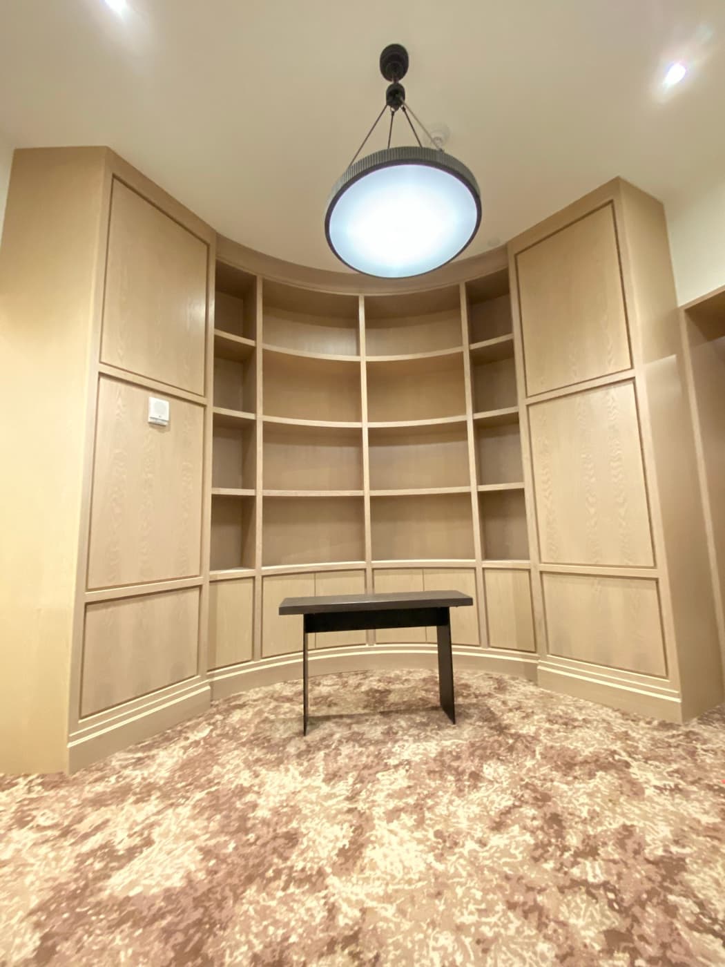 Library alcove with curved light-toned timber built-in shelving, cabinetry, and central pendant fixture