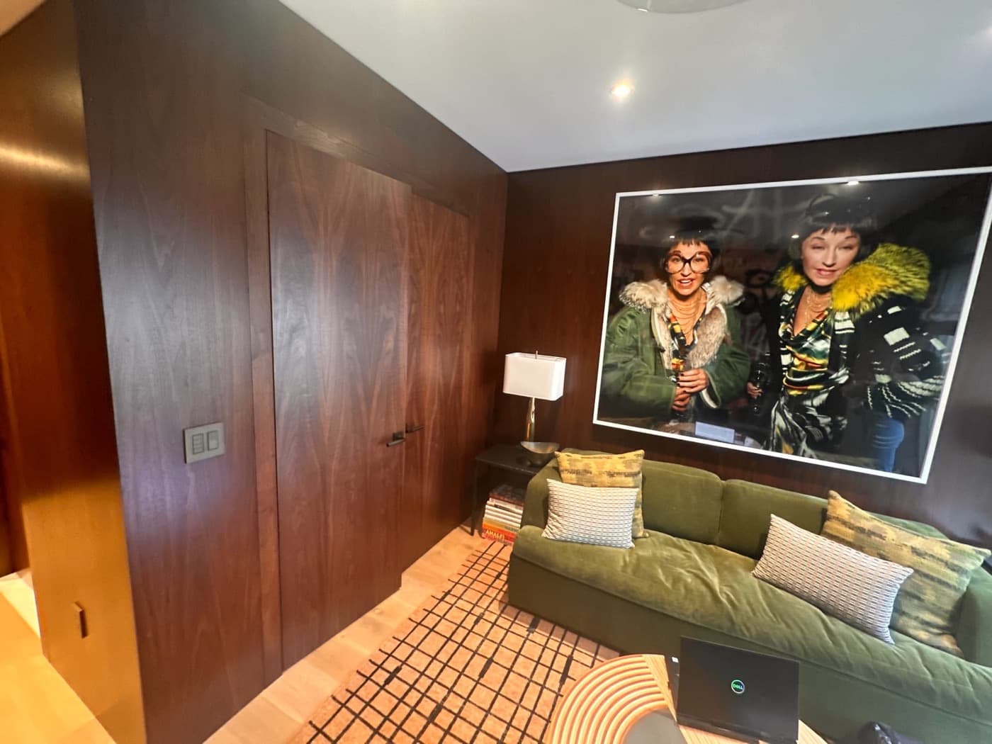 Sitting room featuring dark timber wall panelling with integrated flush doors and a green sofa