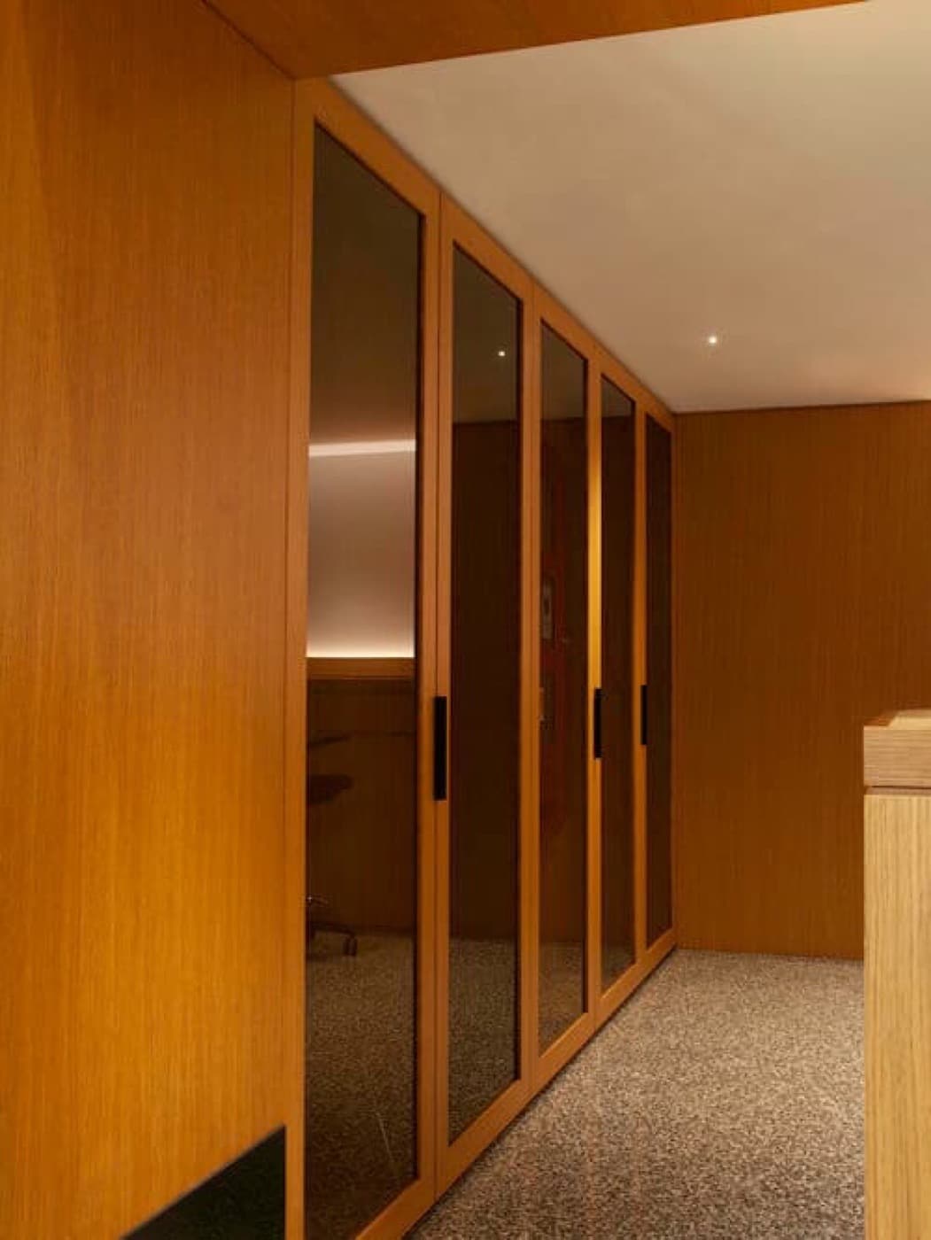 Hallway featuring warm-toned timber panelling and full-height glass-fronted built-in cabinetry