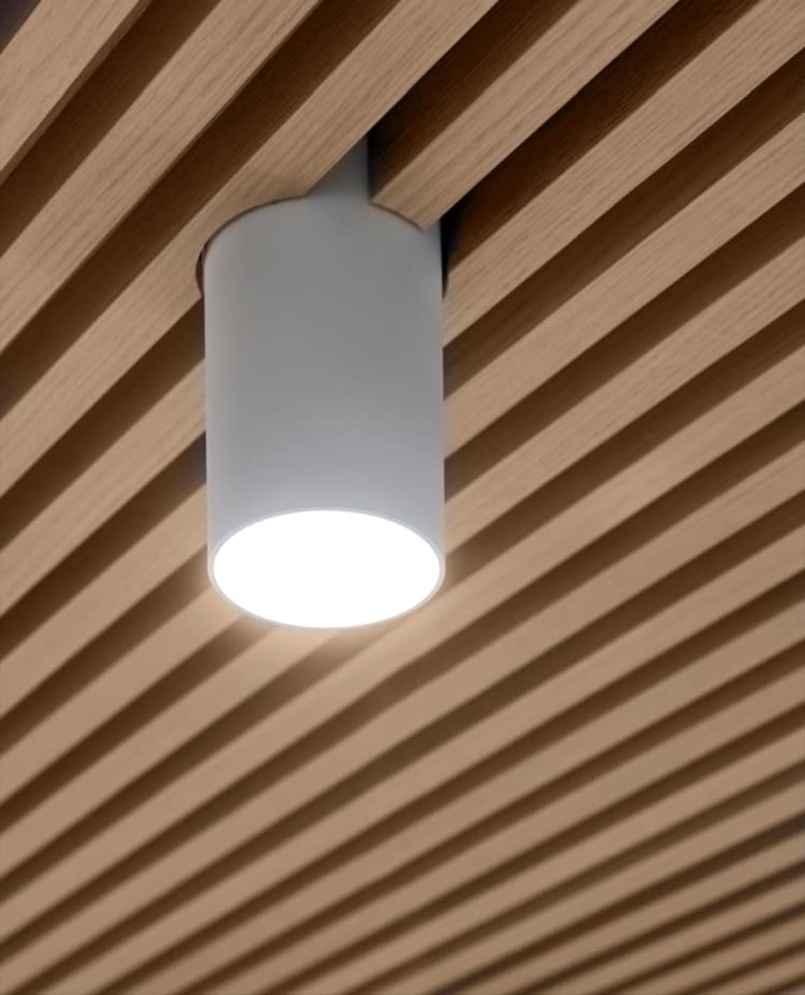 Slatted timber ceiling with an integrated white cylindrical downlight fixture