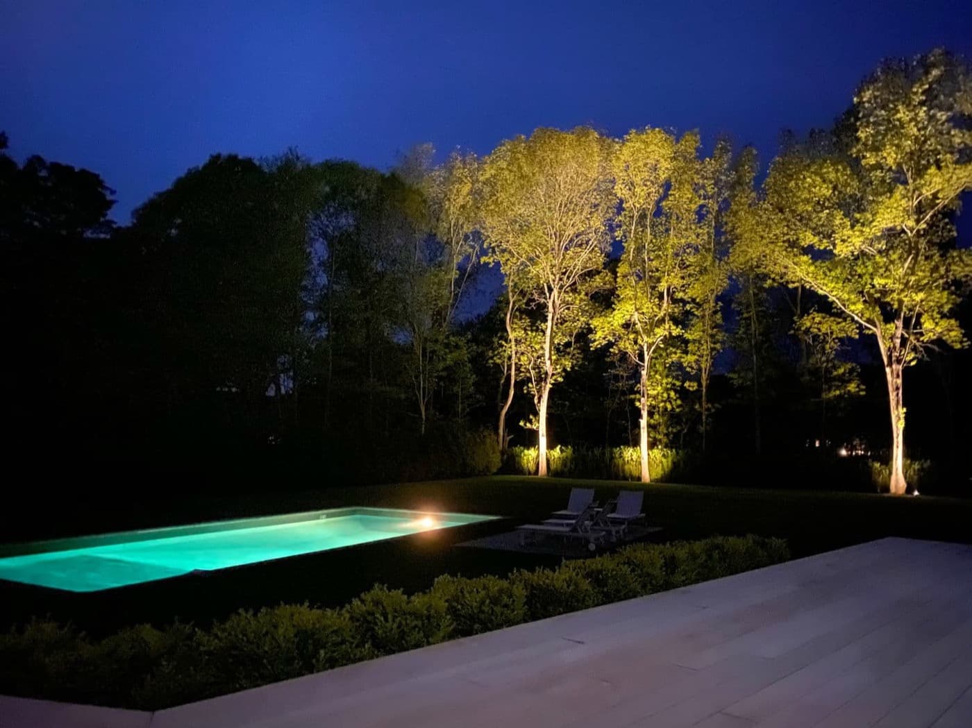 Nighttime backyard terrace with an illuminated rectangular swimming pool and uplit perimeter trees