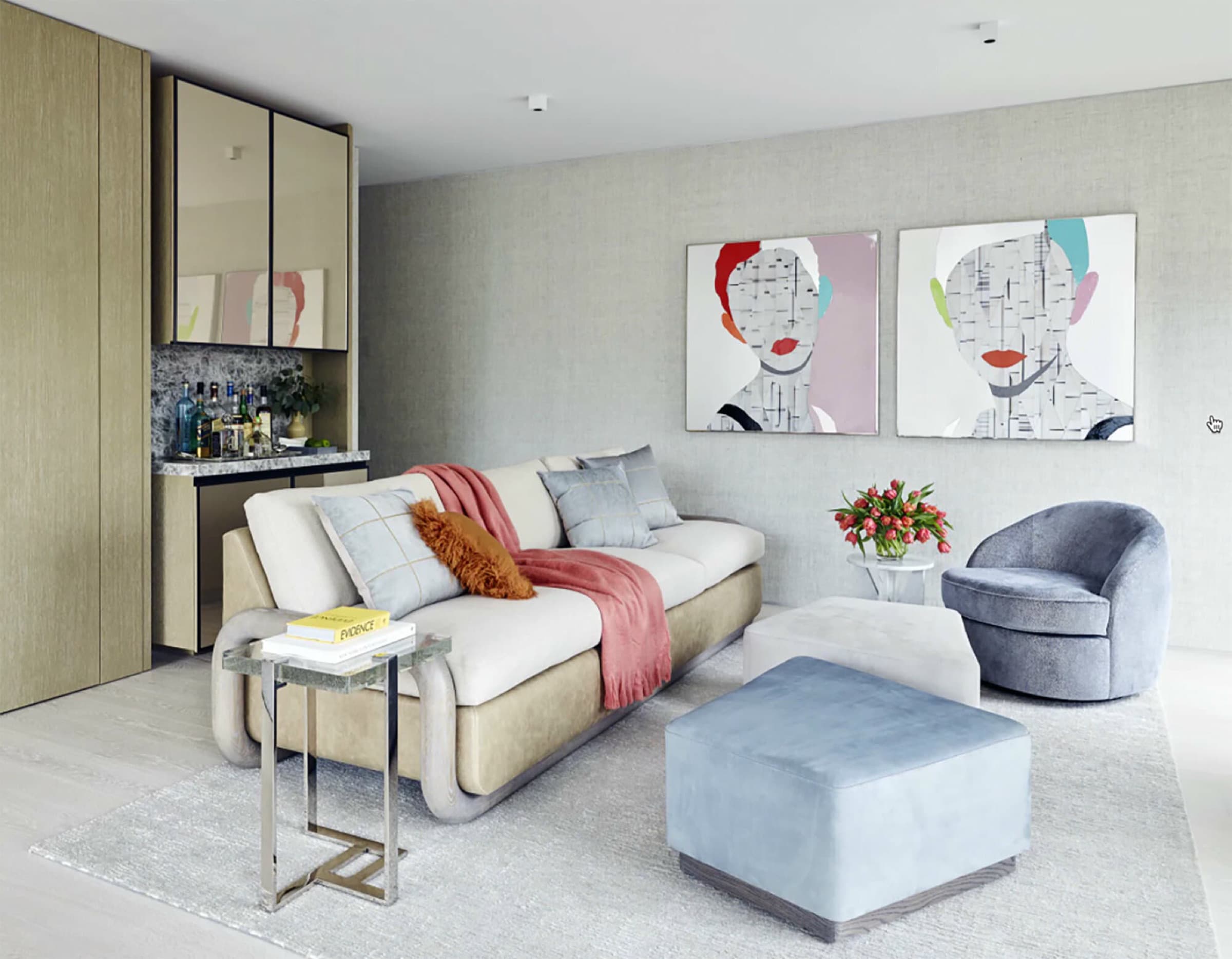 Living room featuring built-in bar cabinetry with mirrored doors, stone counter, and timber panelling