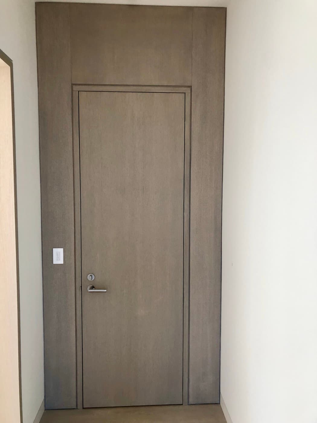 Interior hallway featuring a custom muted timber door with a matching full-height surround