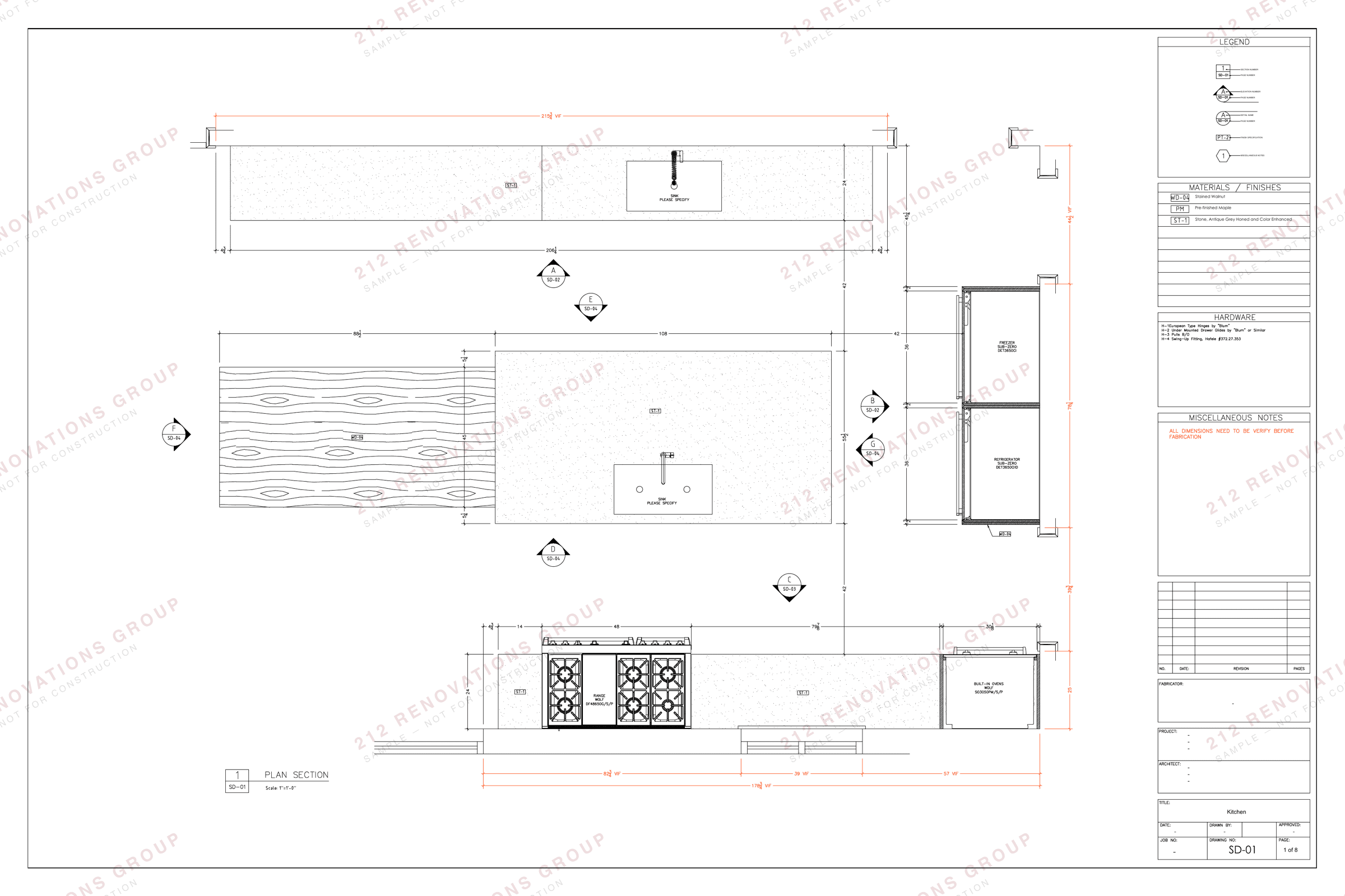Shop drawing SD-01 for a kitchen: plan sections through the island and perimeter runs, with the range elevation dimensioned around the appliances.