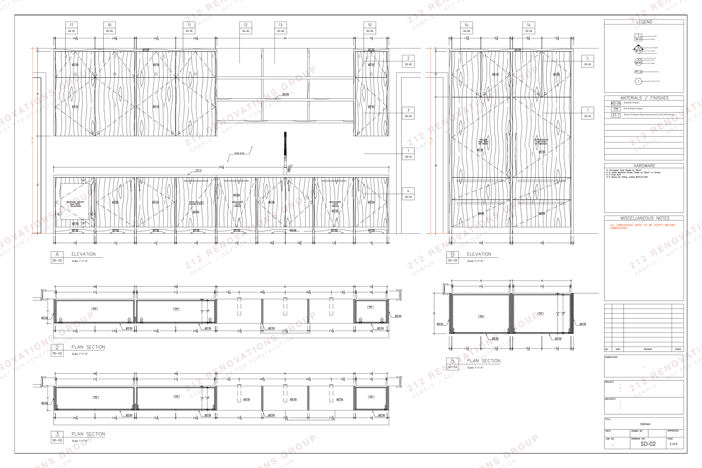 Shop drawing SD-02 for a kitchen: full-height elevations with book-matched walnut door faces, over plan sections through the same runs.