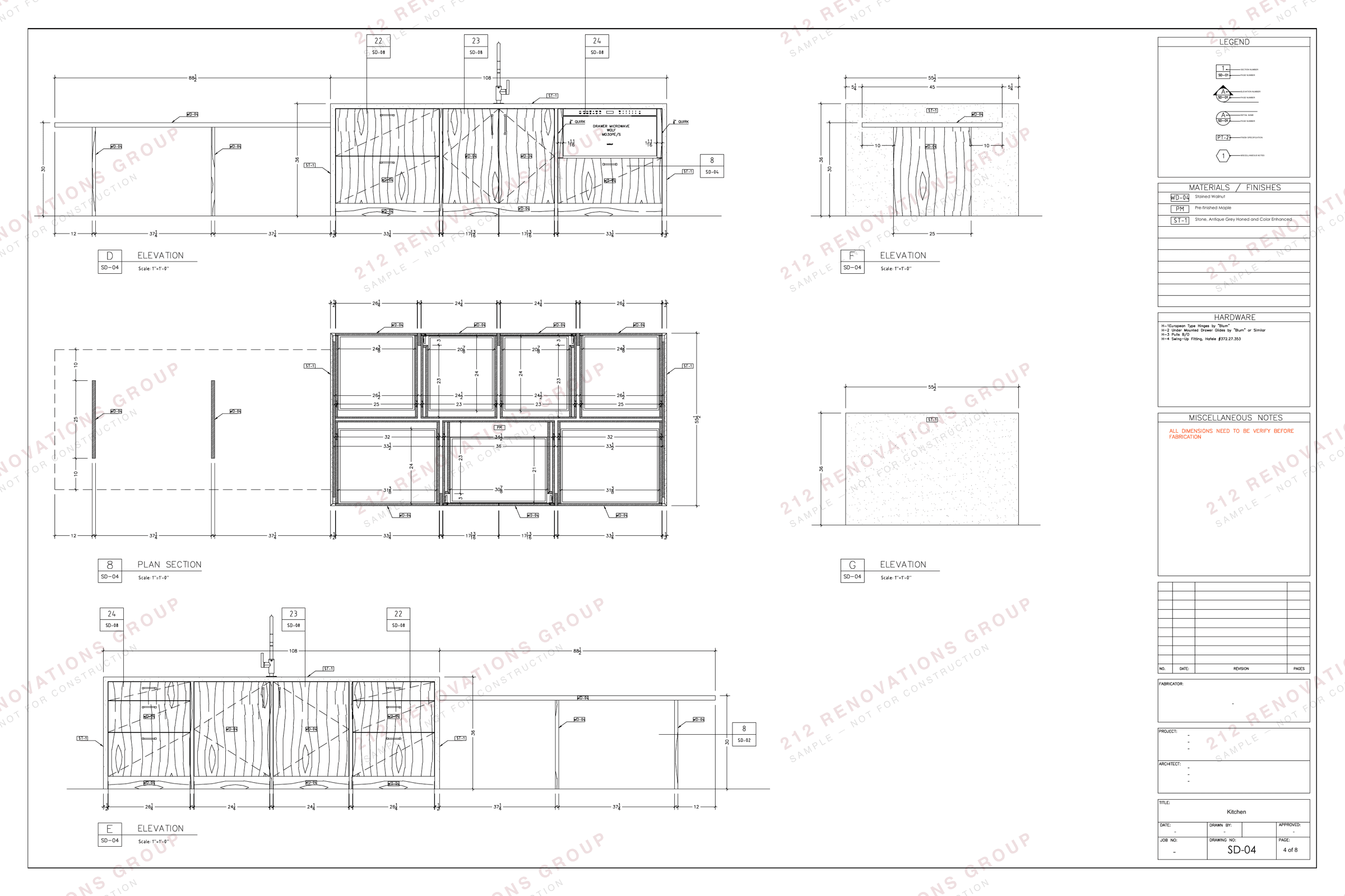 Shop drawing SD-04 for a kitchen island: elevations to both faces and a plan section setting out the drawer boxes.