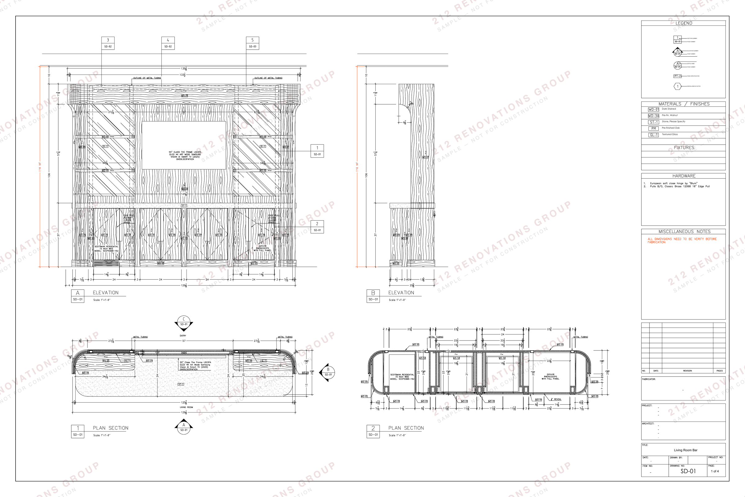 Shop drawing SD-01 for a curved living-room bar: two plan sections showing the radiused ends and the metal tubing, above front and side elevations.