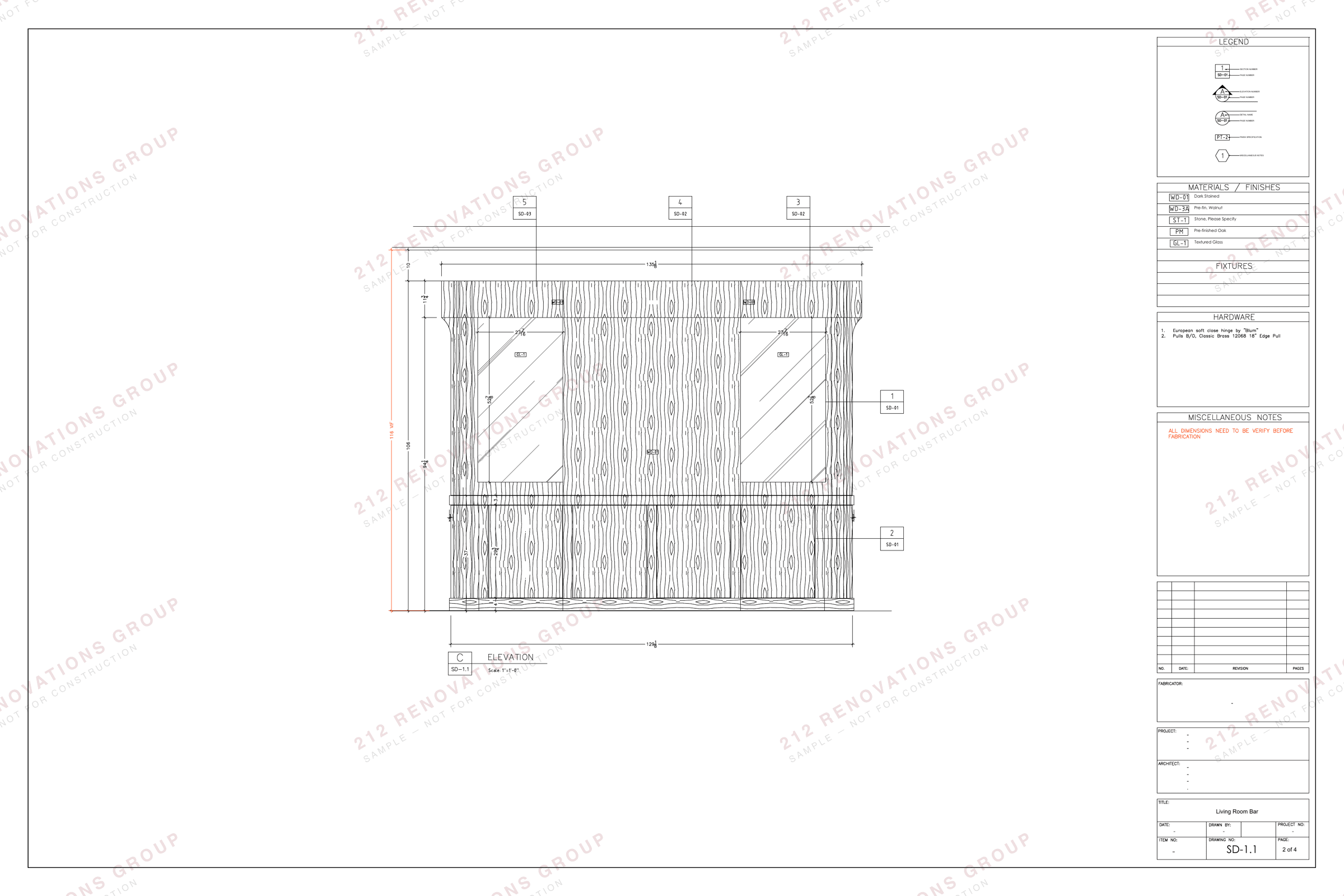 Shop drawing SD-1.1 for a living-room bar: elevation of the panelled surround with textured-glass cabinet fronts.