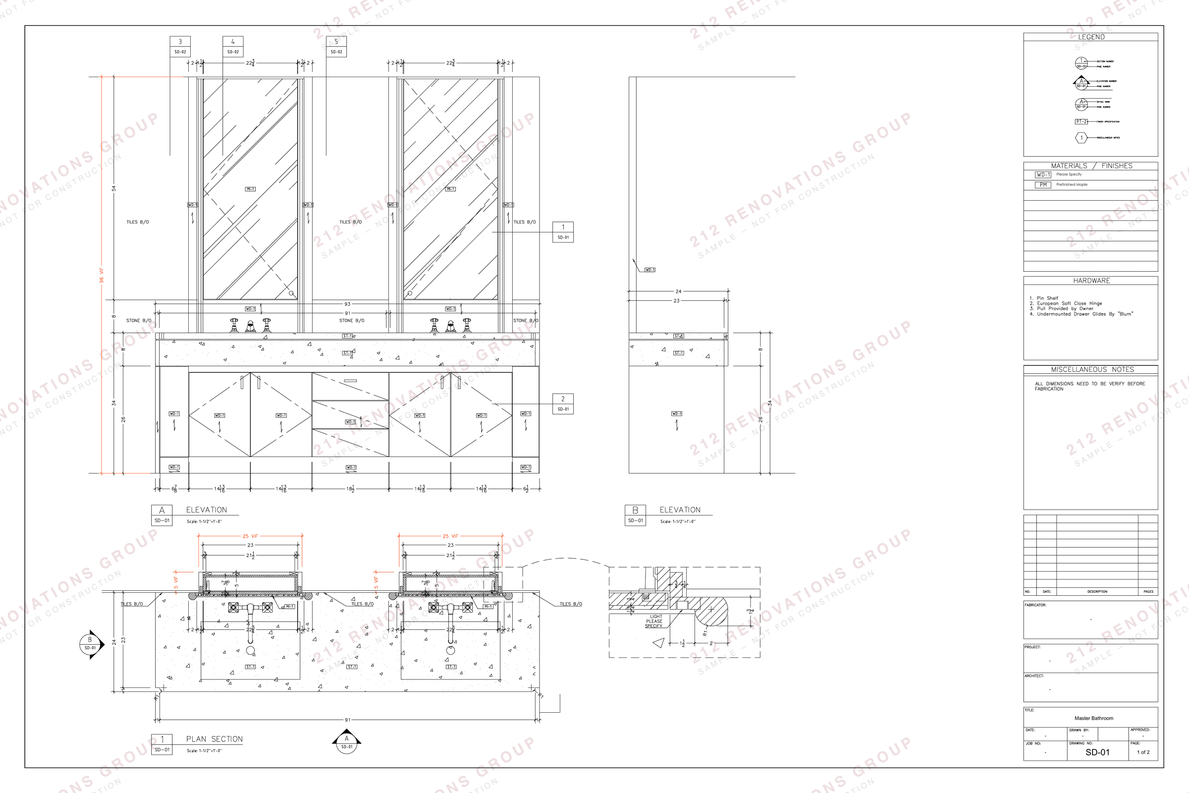 Shop drawing SD-01 for a master bathroom vanity: elevation with mirror surrounds, plan section through the stone top, and a blown-up detail at the edge.